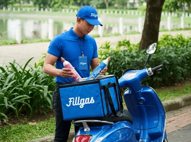 Entregador da Fillgas com cilindros de CO₂ ao lado da moto